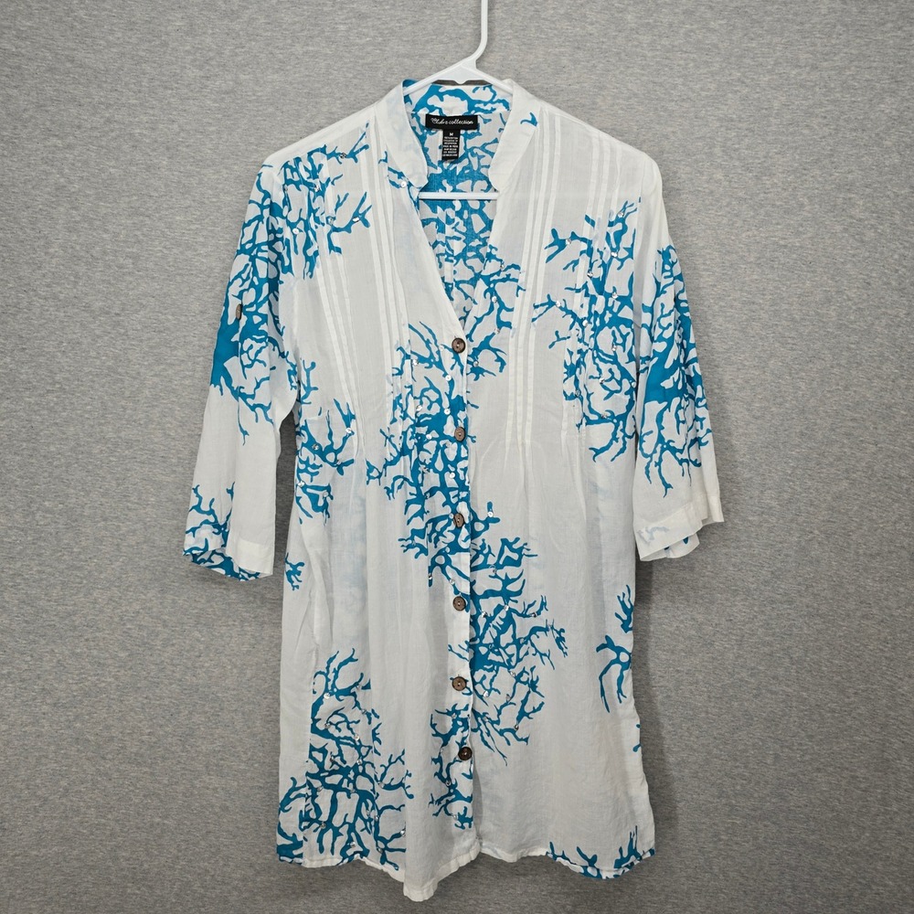 Club Z Collection Blue Coral Sequin Cotton Tunic Top Button Down Roll Tab M Sea